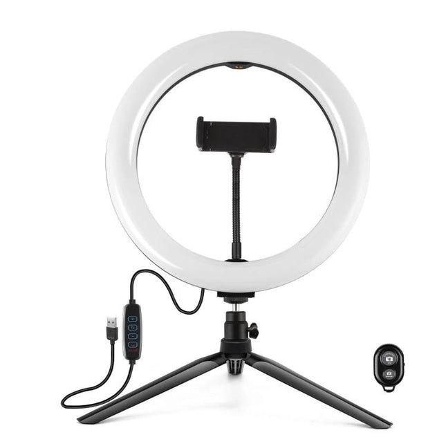 PULUZ LED Ring Light with Tripod for Daily Vlogging Sessions mounted on tabletop tripod with phone holder, USB controls and remote