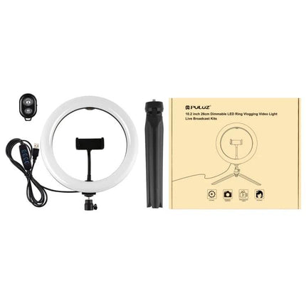 PULUZ LED Ring Light with Tripod for Daily Vlogging Sessions showing ring light, tripod, remote and packaging for portable vlogging