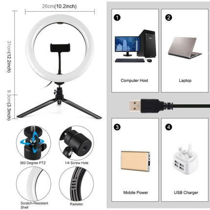 PULUZ LED Ring Light with Tripod for Daily Vlogging Sessions — compact 10.2in ring light on tripod with phone holder, USB power options