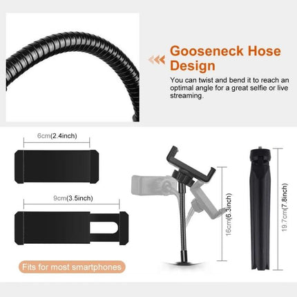 PULUZ LED Ring Light with Tripod for Daily Vlogging Sessions gooseneck hose, smartphone holder and compact tripod dimensions, fits most phones