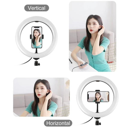 PULUZ LED Ring Light with Tripod for Daily Vlogging Sessions showing vertical and horizontal phone mounts with model demonstrating vlogging