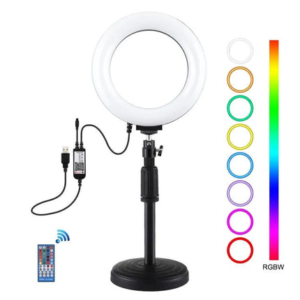 Essential PULUZ Ring Light for Home Vlogging Sessions on desk stand with USB cable, remote and RGBW color options