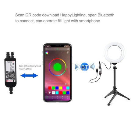 PULUZ Ring Light for Daily Video Calls and Home Photos with Bluetooth smartphone control showing app color wheel and tripod setup