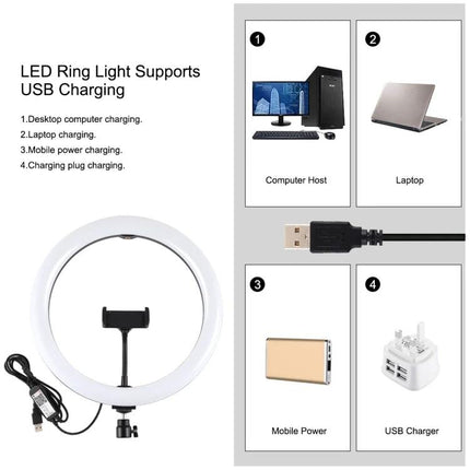 PULUZ Aluminum Tripod for Daily Vlogging and Travel with LED ring light, phone bracket, and USB charging options for laptop, power bank, or USB charger