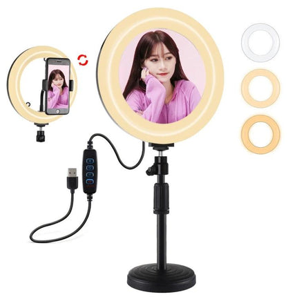 PULUZ LED Ring Light for Home Vlogging and Selfie Sessions on desk tripod with phone holder and adjustable color temperatures