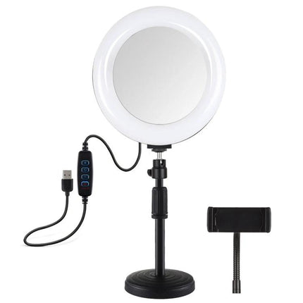 Alt Tag: PULUZ LED Ring Light for Home Vlogging and Selfie Sessions on desk tripod with phone holder and USB control