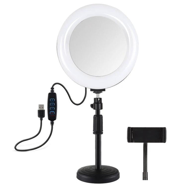 Alt Tag: PULUZ LED Ring Light for Home Vlogging and Selfie Sessions on desk tripod with phone holder and USB control