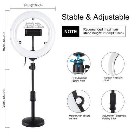 PULUZ LED Ring Light for Home Vlogging and Selfie Sessions - adjustable 20cm ring on telescopic stand with phone holder