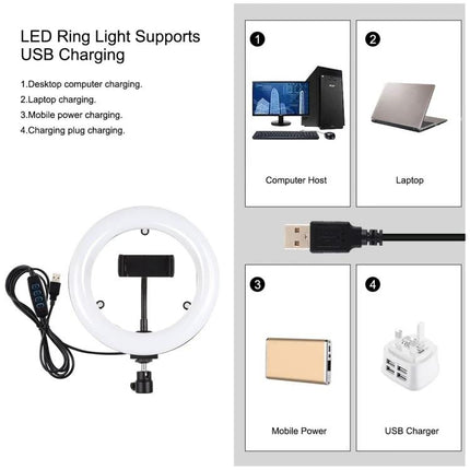 PULUZ LED Ring Light for Home Vlogging and Selfie Sessions showing ring light with USB cable and compatible USB charging options