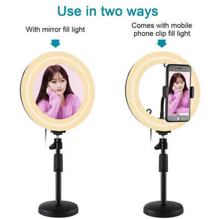 PULUZ LED Ring Light for Home Vlogging and Selfie Sessions showing ring light with mirror and phone clip on desk stand