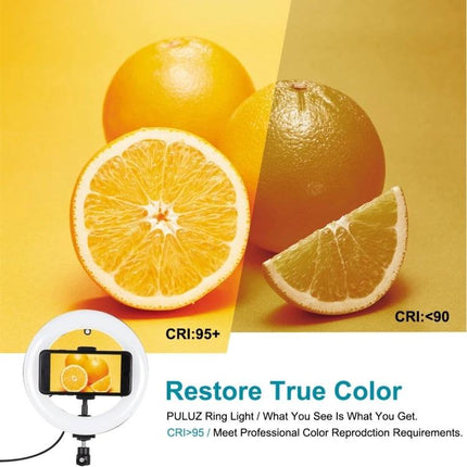 PULUZ LED Ring Light for Home Vlogging and Selfie Sessions showing true color restoration with orange photo comparison