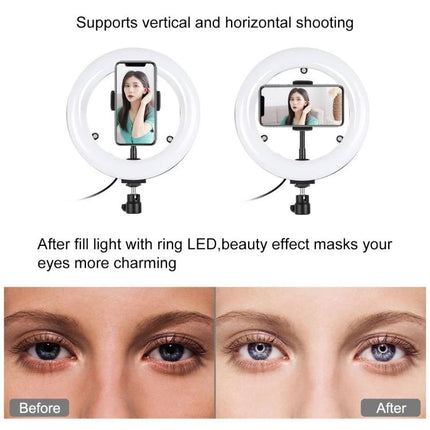 PULUZ LED Ring Light for Home Vlogging and Selfie Sessions on desk showing vertical and horizontal phone mounts with before/after lighting