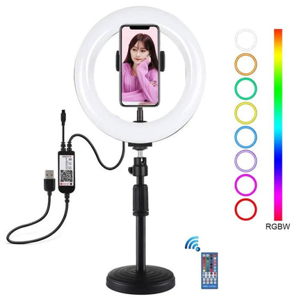 PULUZ Ring Light for Daily Video Chats and Photos on adjustable stand with phone holder and RGBW colors