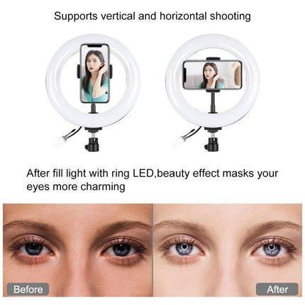PULUZ Ring Light for Daily Video Chats and Photos showing vertical and horizontal phone setup with before and after lighting effect