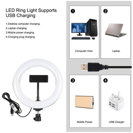 PULUZ Ring Light for Daily Video Chats and Photos showing USB charging options with ring light attached to phone holder