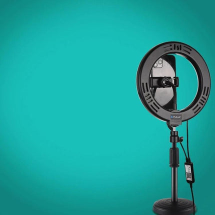 PULUZ Ring Light for Daily Video Chats and Photos on adjustable stand against teal background
