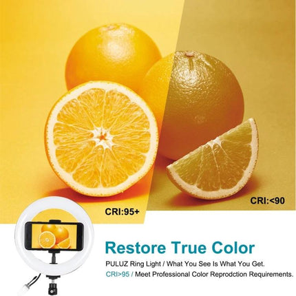 PULUZ Ring Light for Daily Video Chats and Photos showing true color comparison with oranges, highlights CRI 95+