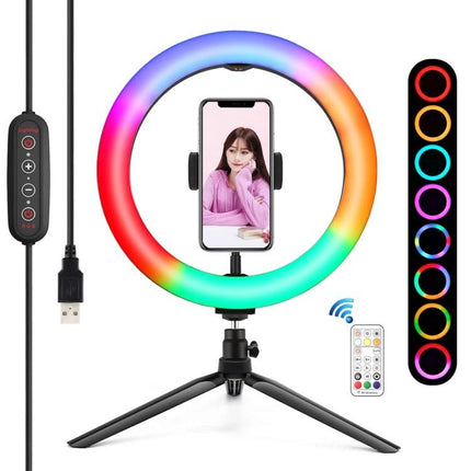 PULUZ LED Ring Light for Vlogging and Photography on tripod with phone holder and multicolor lighting controls