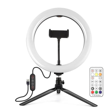 PULUZ LED Ring Light for Vlogging and Photography on tabletop tripod with phone holder, USB powered remote control and dimmable color modes