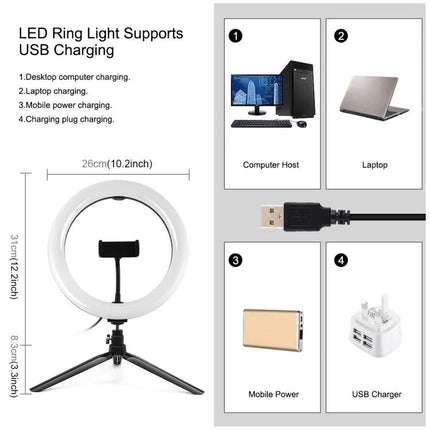 PULUZ LED Ring Light for Vlogging and Photography showing 10.2in ring on tripod with USB charging options