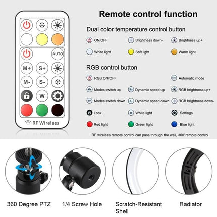 PULUZ LED Ring Light for Vlogging and Photography remote control function showing buttons, 360° PTZ mount, 1/4 screw hole, scratch-resistant shell