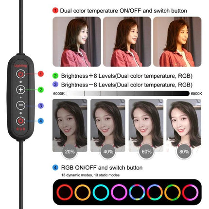 PULUZ LED Ring Light for Vlogging and Photography showing controller, color temperature, brightness levels and RGB modes
