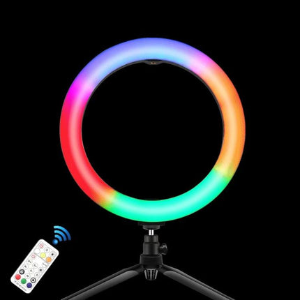 PULUZ LED Ring Light for Vlogging and Photography on tripod showing multicolor RGB ring and remote for travel and indoor content creation