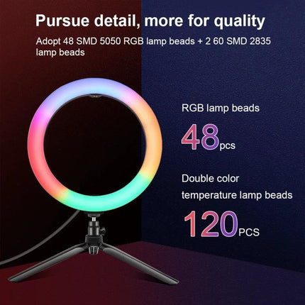 PULUZ LED Ring Light for Vlogging and Photography - portable RGB ring light on tripod showing 48 RGB and 120 dual-color LEDs