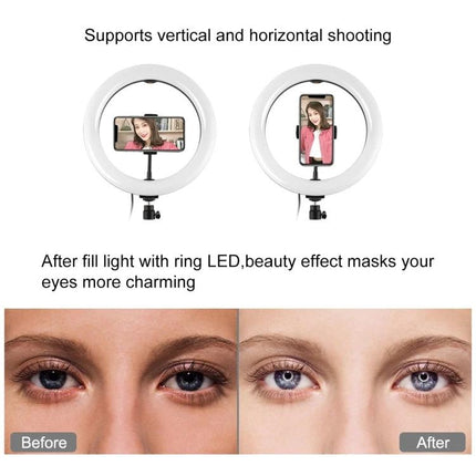 PULUZ LED Ring Light for Vlogging and Photography showing vertical and horizontal phone mounts with before and after portrait lighting