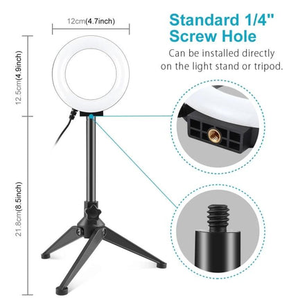 PULUZ Ring Light for Everyday Selfies and Video Calls on tabletop tripod with standard 1/4" screw hole, compact 12cm LED ring for video calls