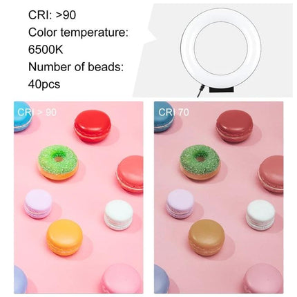 PULUZ Ring Light for Everyday Selfies and Video Calls showing 6500K, CRI>90 comparison with bright even lighting on pastel macarons