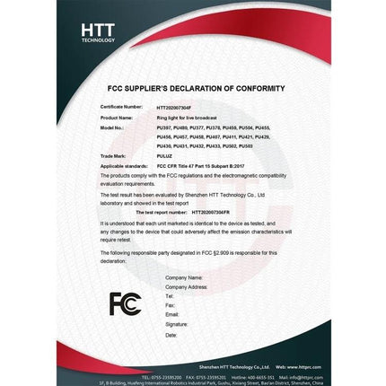 PULUZ Ring Light for Everyday Selfies and Video Calls FCC conformity certificate document for product compliance