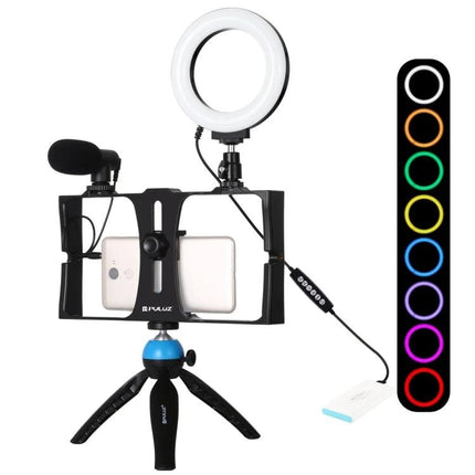 PULUZ 4-in-1 Vlogging Kit with Ring Light and Microphone for Smartphones mounted on tabletop tripod with microphone and color ring light controls
