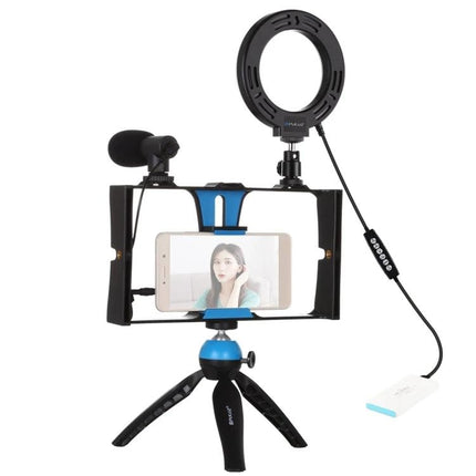 PULUZ 4-in-1 Vlogging Kit with Ring Light and Microphone for Smartphones on tripod rig showing smartphone, ring light, and shotgun mic