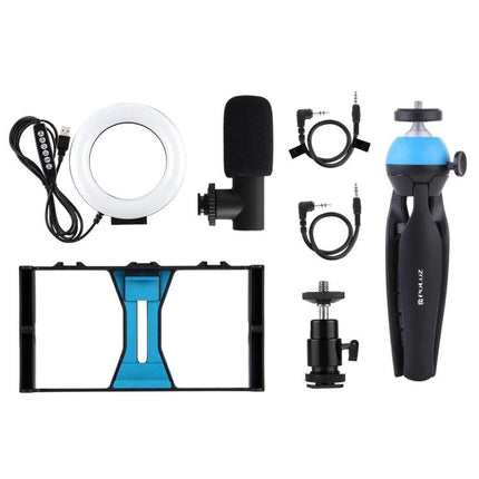 PULUZ 4-in-1 Vlogging Kit with Ring Light and Microphone for Smartphones – ring light, mic, tripod mount and phone rig laid out