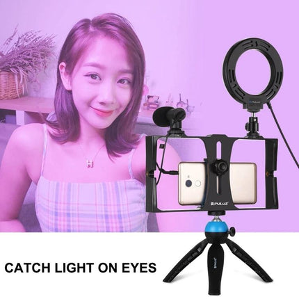 PULUZ 4-in-1 Vlogging Kit with Ring Light and Microphone for Smartphones mounted on tripod capturing selfie video with ring light and mic