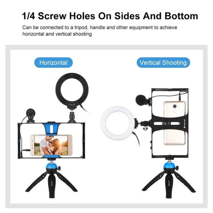 PULUZ 4-in-1 Vlogging Kit with Ring Light and Microphone for Smartphones mounted on tripod for horizontal and vertical shooting