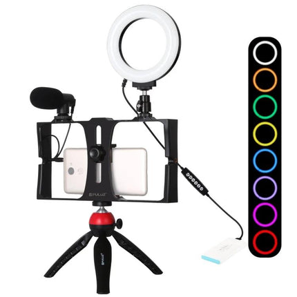 PULUZ 4-in-1 Vlogging Kit with Ring Light and Microphone for Smartphones on tabletop tripod with phone, ring light and shotgun mic for vlogging
