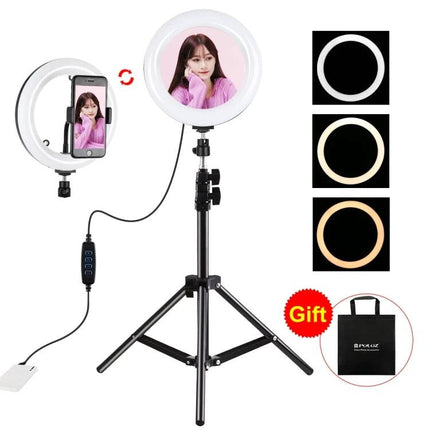 PULUZ Mirror Light for Everyday Vlogging and Home Selfies attached to phone on tripod showing three color modes and carrying bag