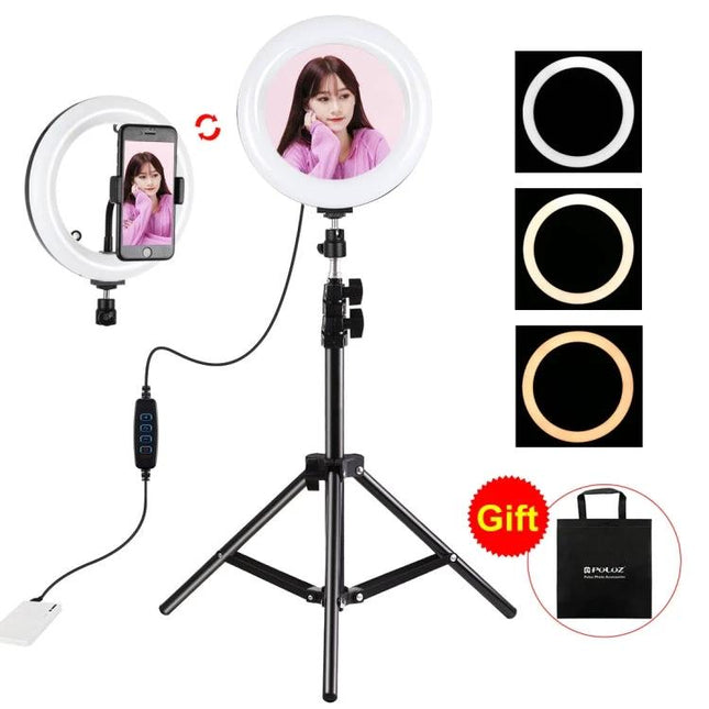 PULUZ Mirror Light for Everyday Vlogging and Home Selfies attached to phone on tripod showing three color modes and carrying bag