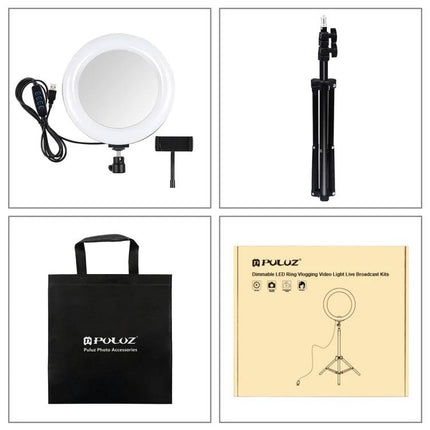 PULUZ Mirror Light for Everyday Vlogging and Home Selfies - compact ring LED kit with phone mount, tripod, power cable and carrying bag