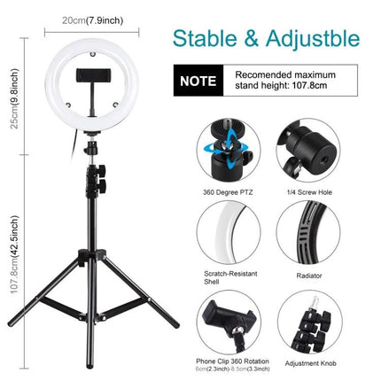 PULUZ Mirror Light for Everyday Vlogging and Home Selfies on adjustable tripod with phone clip and 20cm ring LED