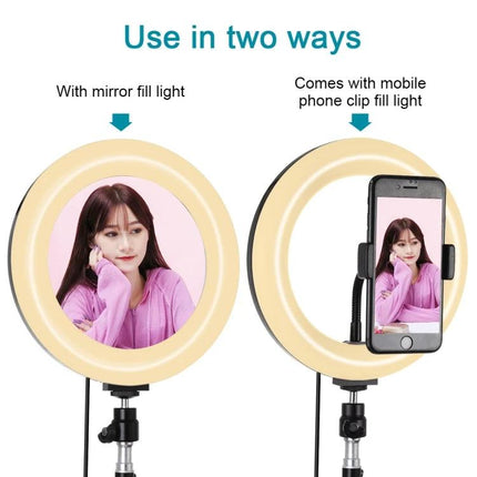 PULUZ Mirror Light for Everyday Vlogging and Home Selfies showing ring light used with mirror and mobile phone clip for selfies and vlogs