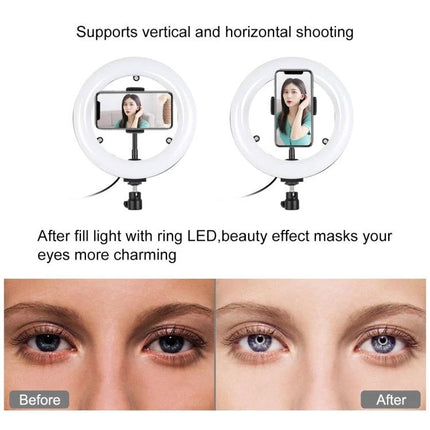 PULUZ Mirror Light for Everyday Vlogging and Home Selfies showing ring LED on phone mount with before and after lighting effects