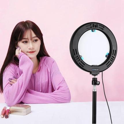 PULUZ Mirror Light for Everyday Vlogging and Home Selfies showing woman using compact ring LED clipped to phone on tabletop tripod