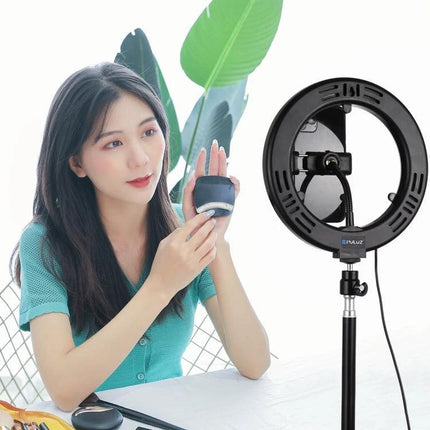 PULUZ Mirror Light for Everyday Vlogging and Home Selfies on tripod next to woman doing makeup and recording with smartphone