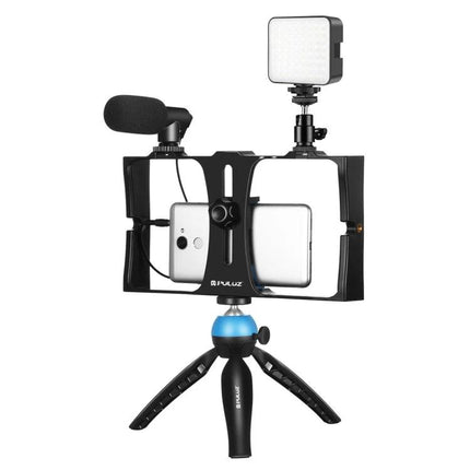 PULUZ 4-in-1 Smartphone Vlogging Kit with LED Light mounted on mini tripod with microphone and LED panel for stable mobile vlogging