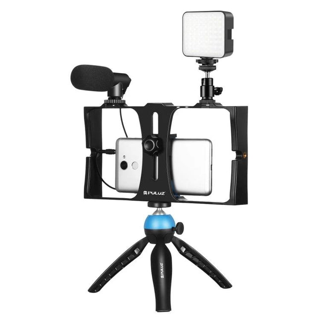 PULUZ 4-in-1 Smartphone Vlogging Kit with LED Light mounted on mini tripod with microphone and LED panel for stable mobile vlogging