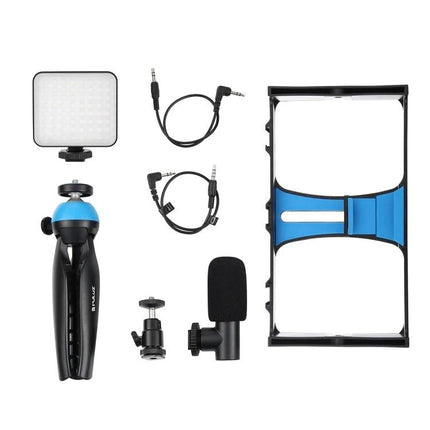 PULUZ 4-in-1 Smartphone Vlogging Kit with LED Light showing LED panel, microphone, mini tripod, cables and phone rig for stable vlogging