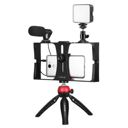 PULUZ 4-in-1 Smartphone Vlogging Kit with LED Light mounted on mini tripod with microphone and LED for stable, well-lit mobile vlogging
